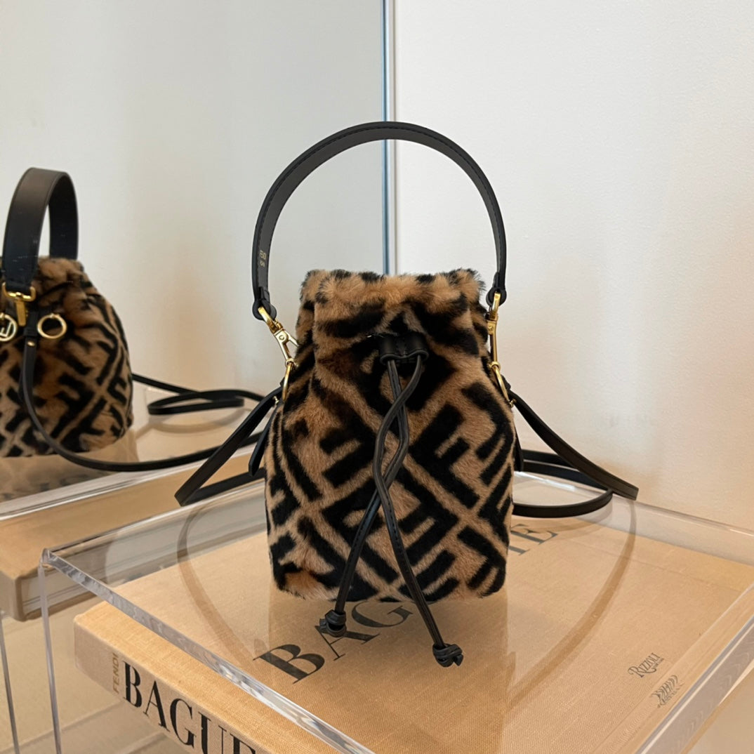 Faux Fur FF Logo Mini Bucket Bag with Top Handle and Drawstring