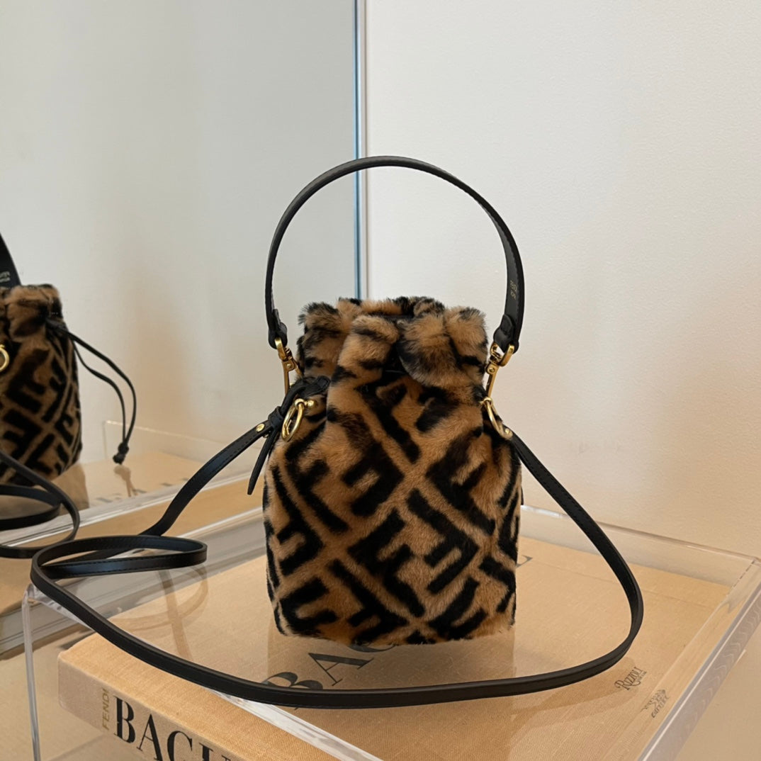 Faux Fur FF Logo Mini Bucket Bag with Top Handle and Drawstring