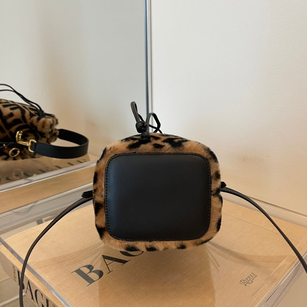 Faux Fur FF Logo Mini Bucket Bag with Top Handle and Drawstring