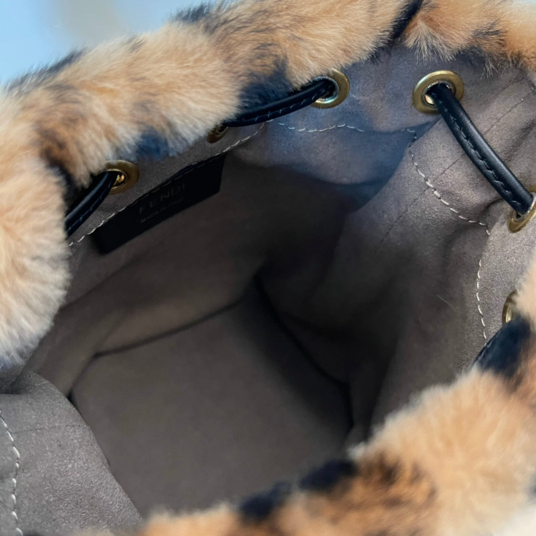 Faux Fur FF Logo Mini Bucket Bag with Top Handle and Drawstring