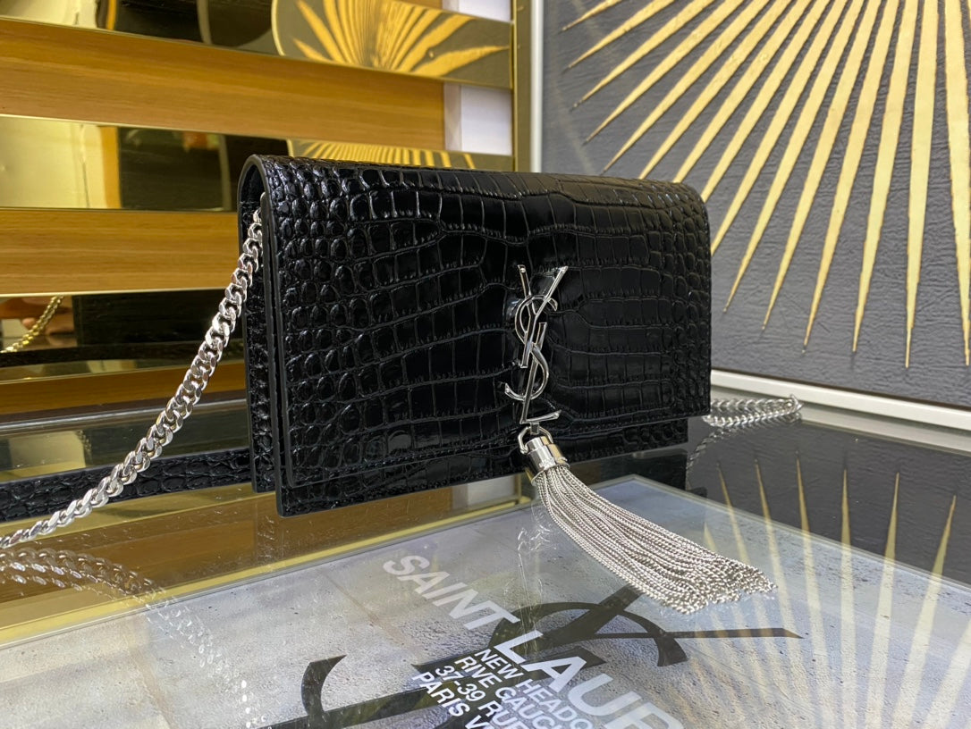 Saint Laurent Kate Small Tassel Bag in Crocodile-Embossed Leather - Black