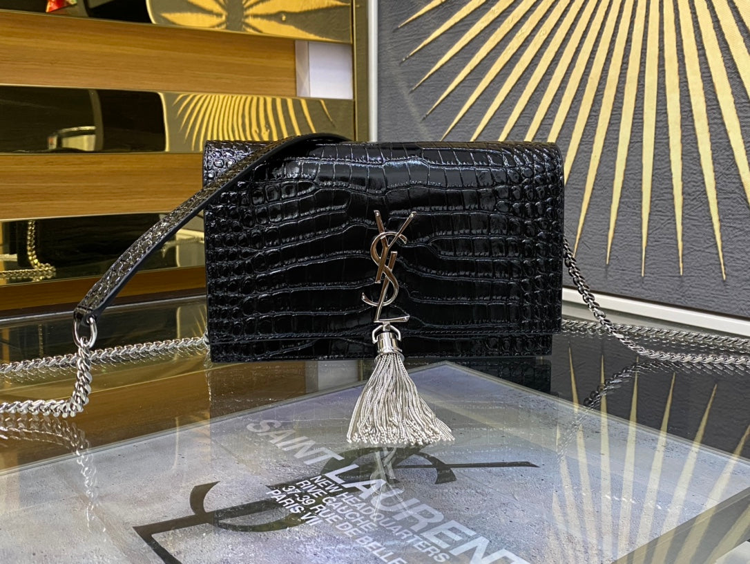 Saint Laurent Kate Small Tassel Bag in Crocodile-Embossed Leather - Black