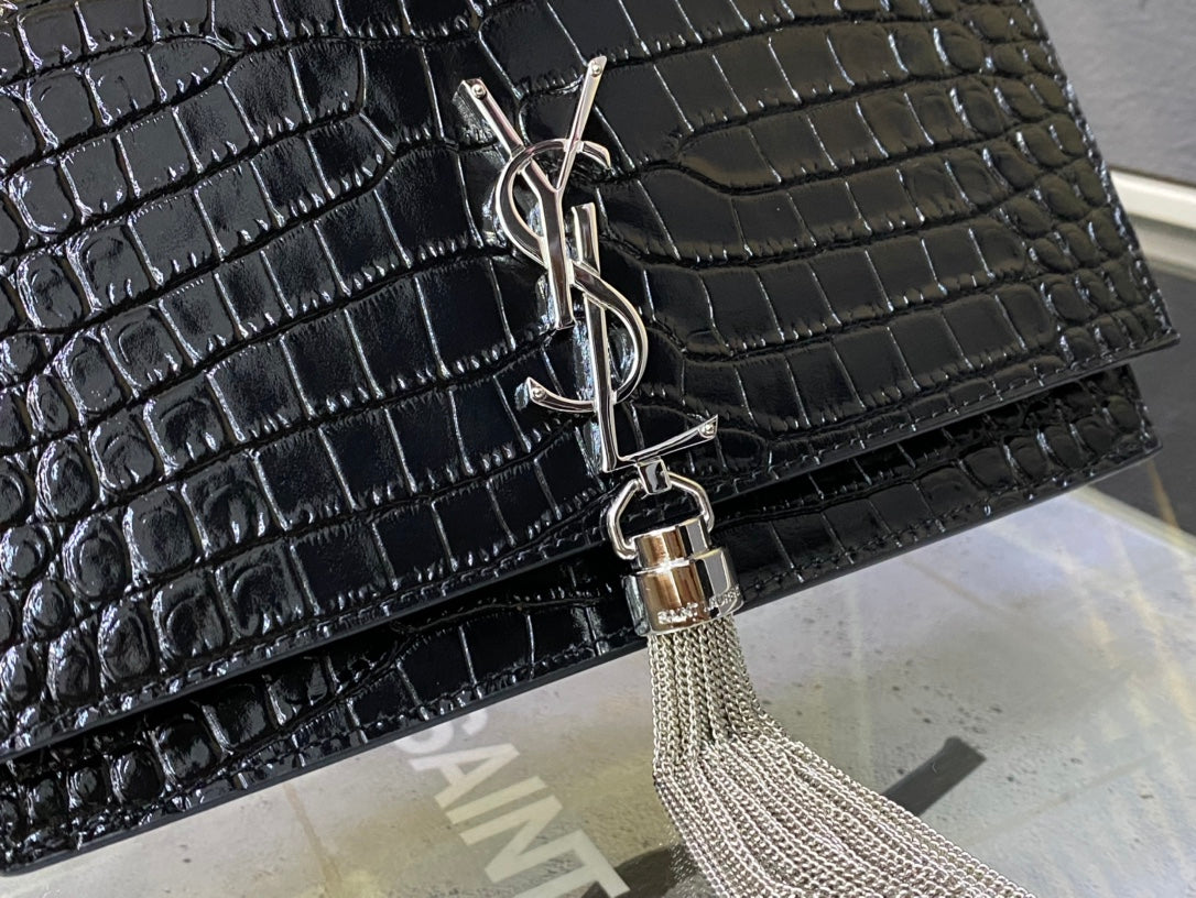 Saint Laurent Kate Small Tassel Bag in Crocodile-Embossed Leather - Black
