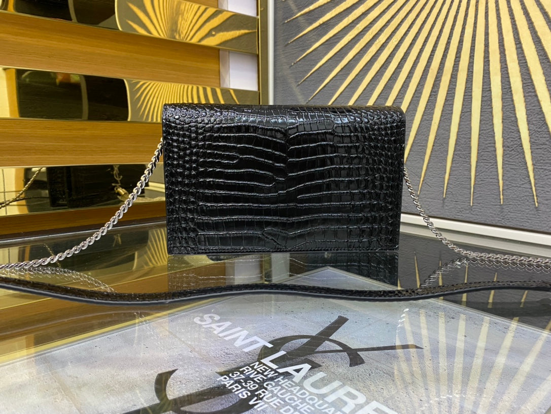 Saint Laurent Kate Small Tassel Bag in Crocodile-Embossed Leather - Black