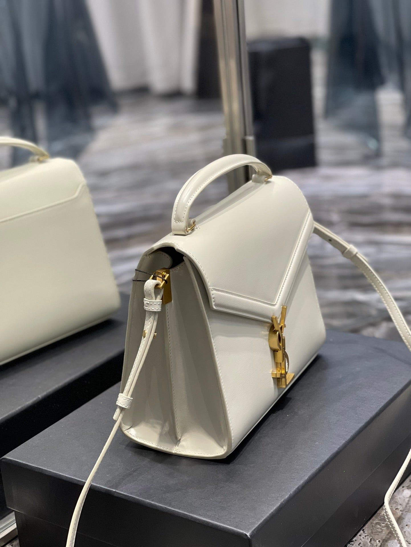 Saint Laurent Cassandra Medium Top Handle Bag in White Leather with Gold Hardware