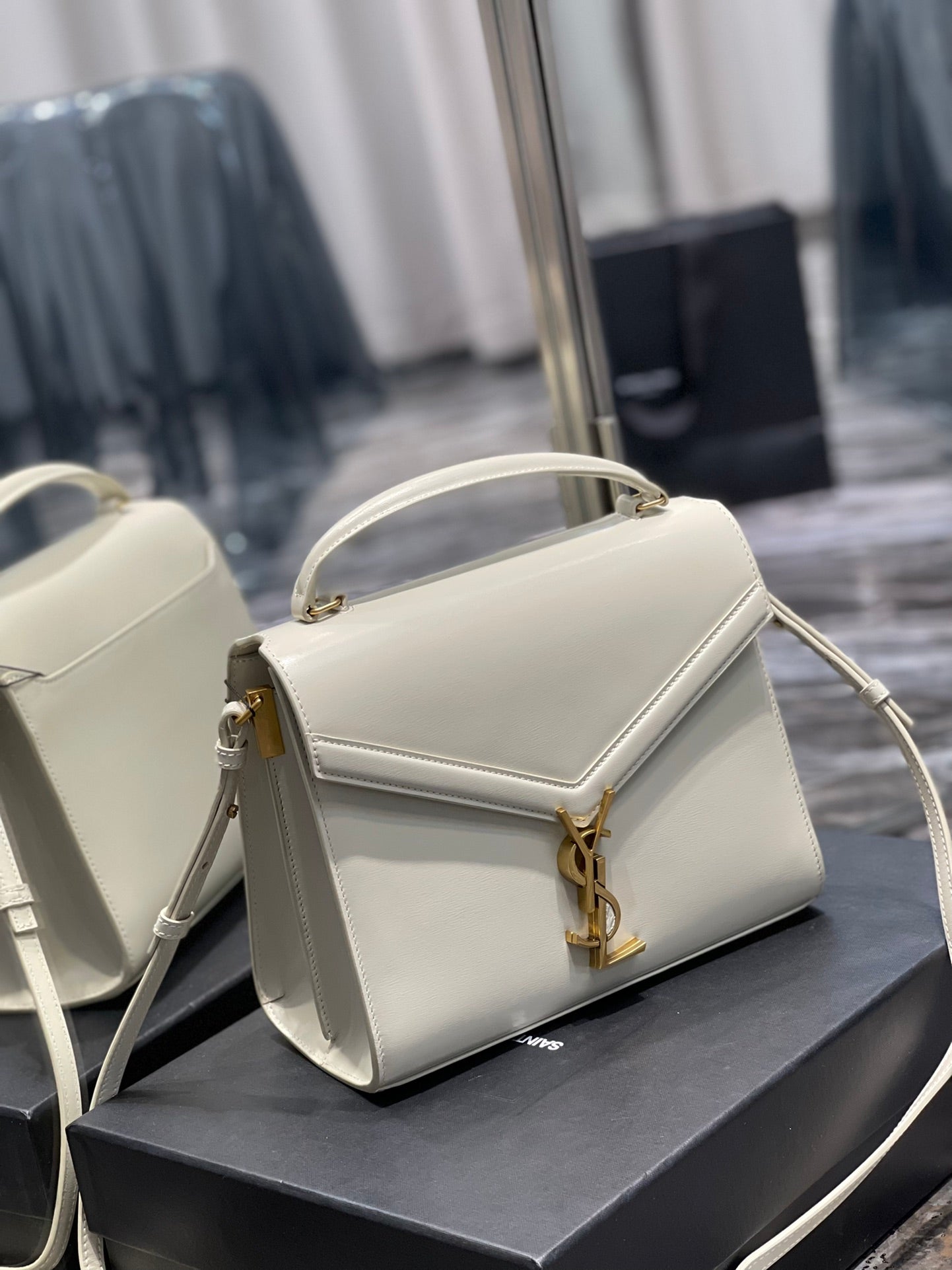 Saint Laurent Cassandra Medium Top Handle Bag in White Leather with Gold Hardware