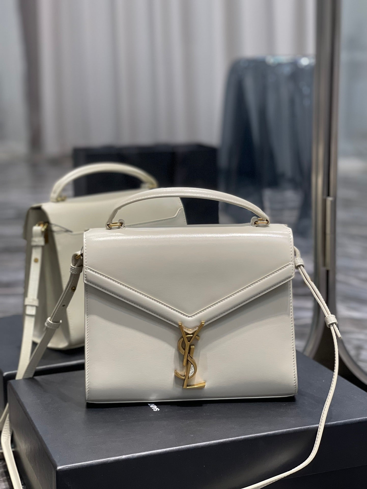 Saint Laurent Cassandra Medium Top Handle Bag in White Leather with Gold Hardware