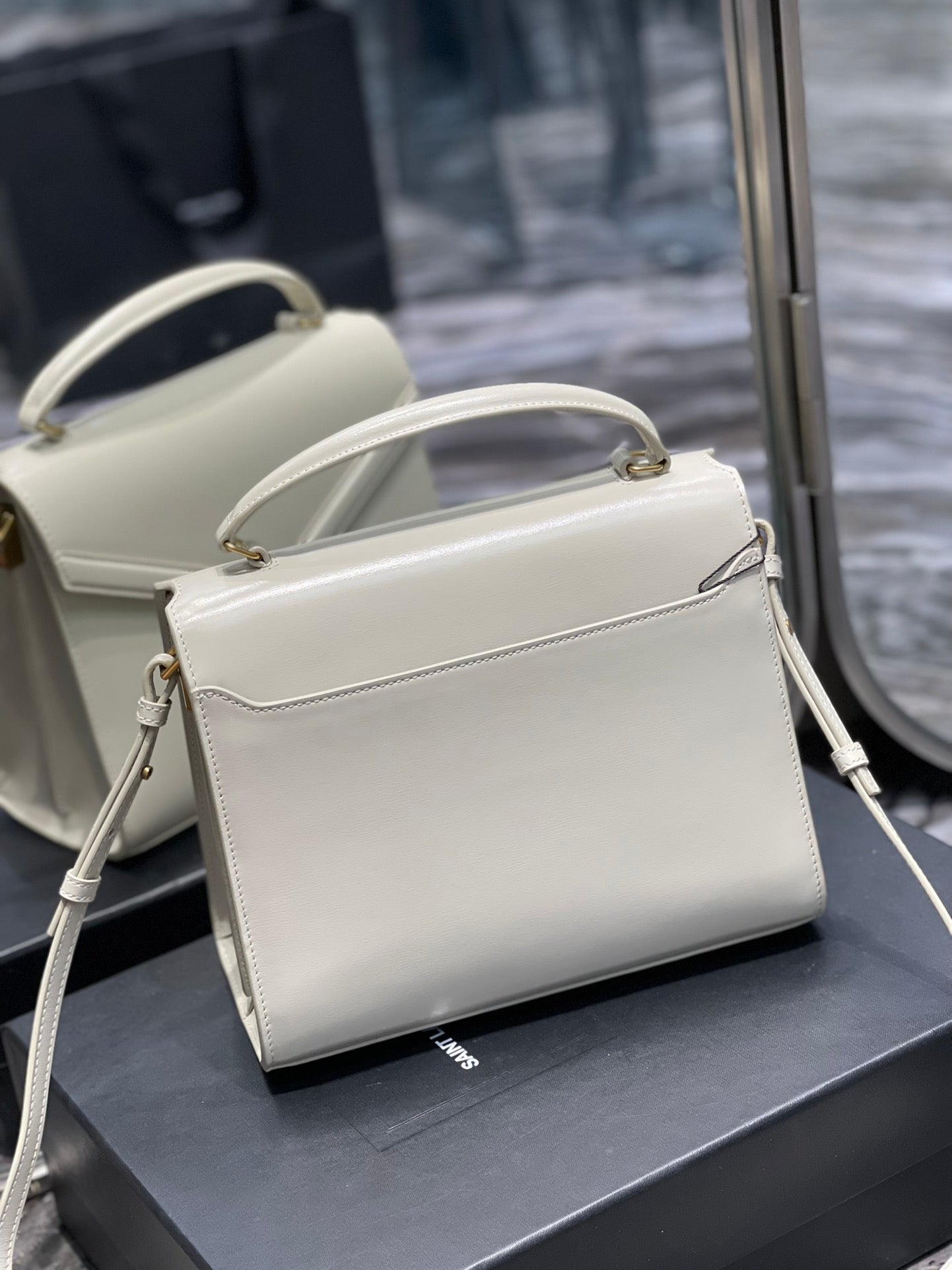 Saint Laurent Cassandra Medium Top Handle Bag in White Leather with Gold Hardware