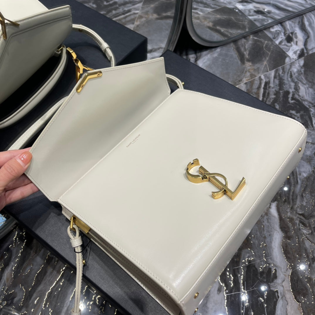 Saint Laurent Cassandra Medium Top Handle Bag in White Leather with Gold Hardware
