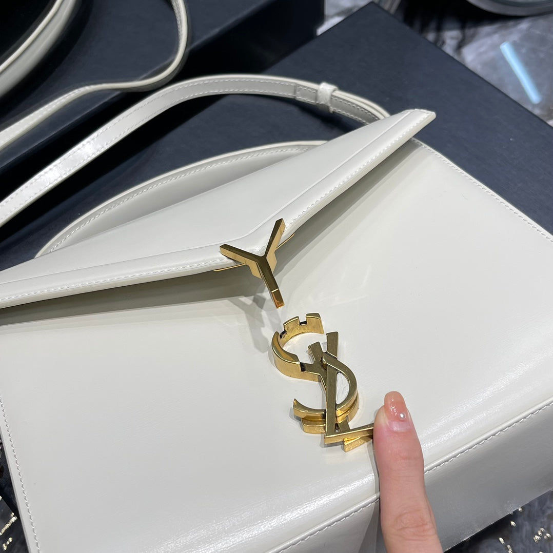 Saint Laurent Cassandra Medium Top Handle Bag in White Leather with Gold Hardware