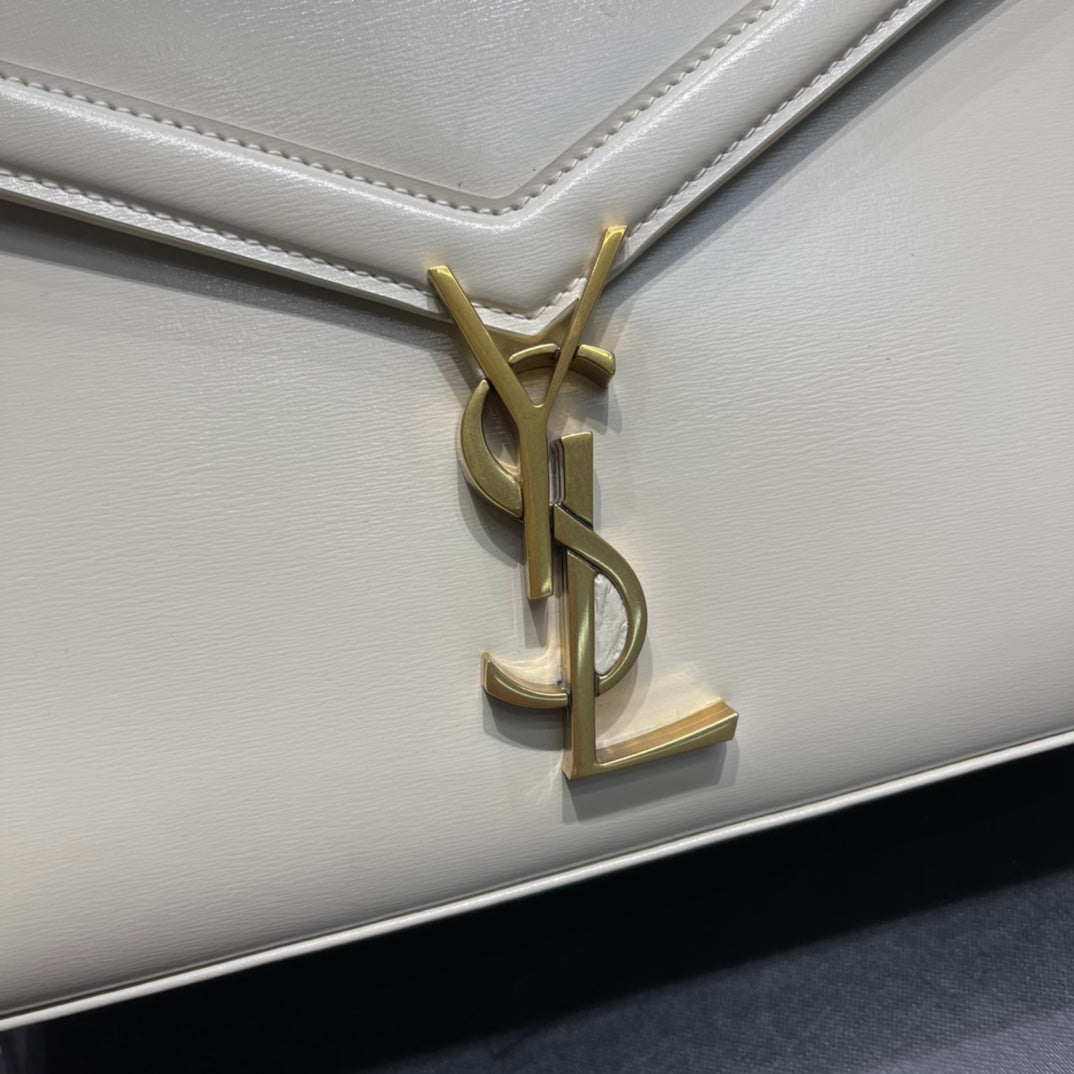 Saint Laurent Cassandra Medium Top Handle Bag in White Leather with Gold Hardware