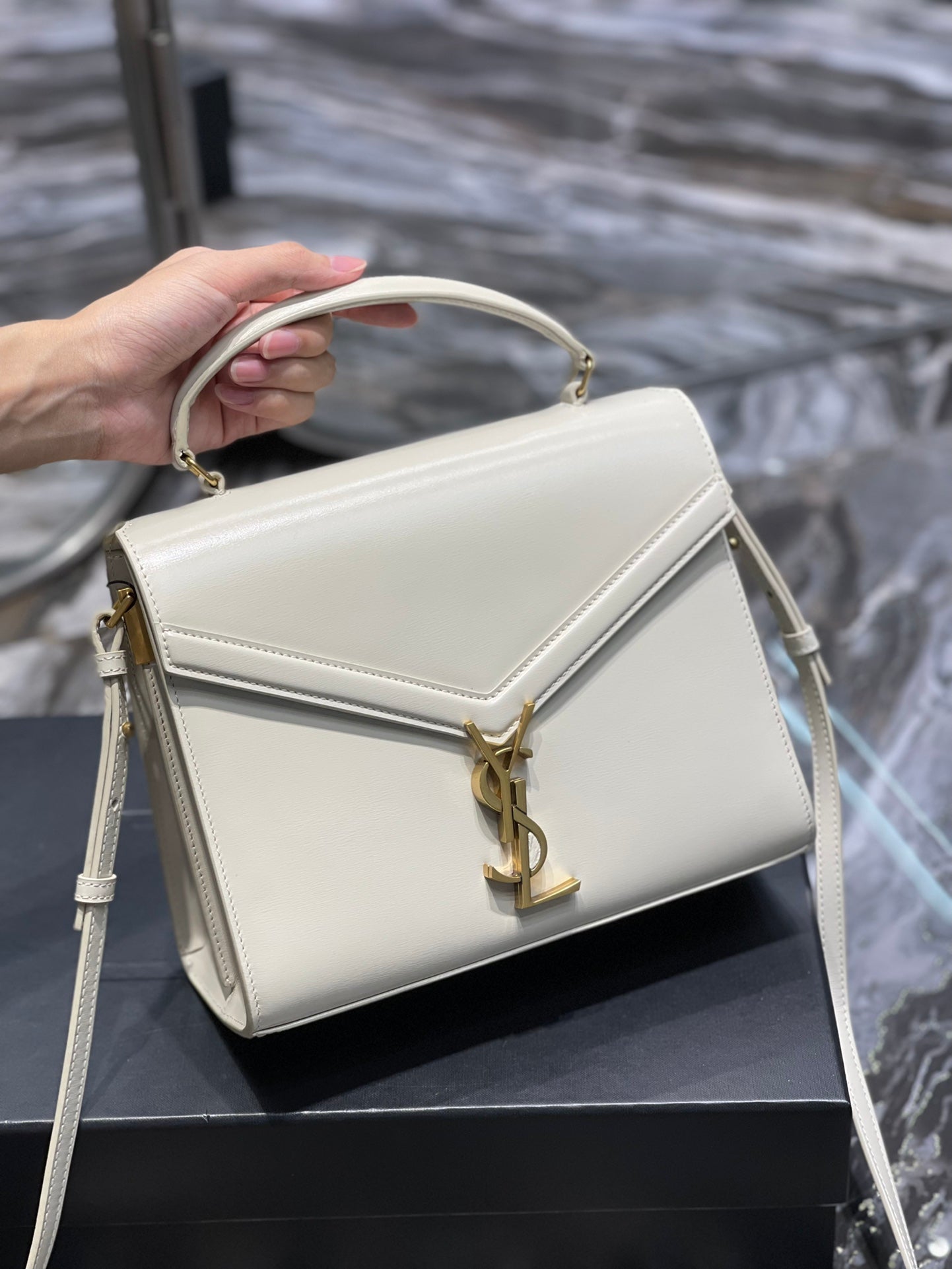 Saint Laurent Cassandra Medium Top Handle Bag in White Leather with Gold Hardware