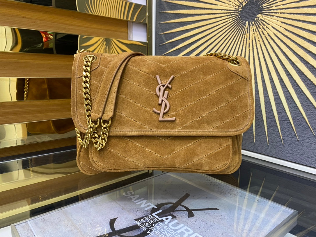 Saint Laurent Medium Niki Shoulder Bag in Tan Suede with Gold Hardware