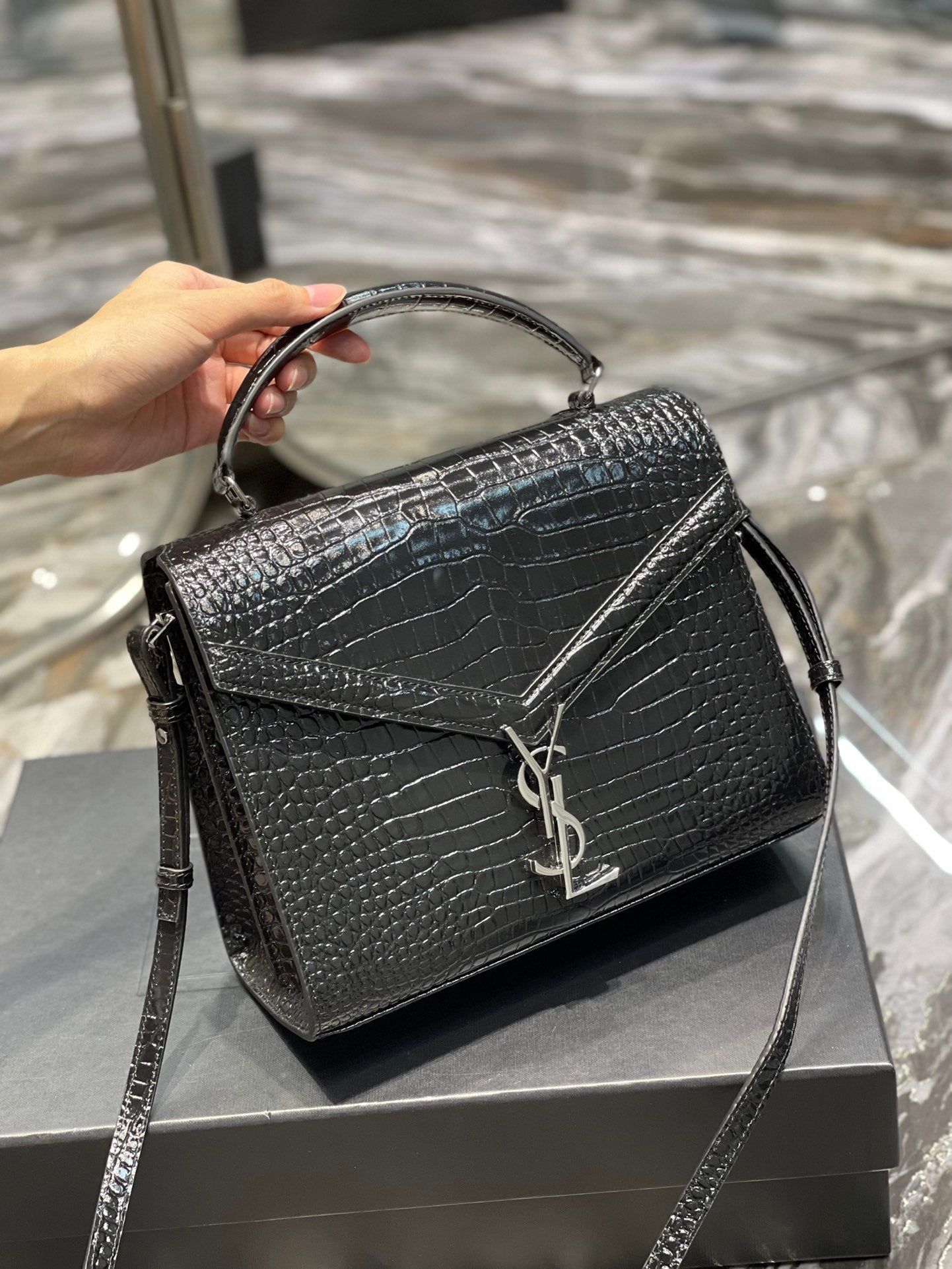 Saint Laurent Cassandra Medium Top Handle Bag in Crocodile-Embossed Leather - Black