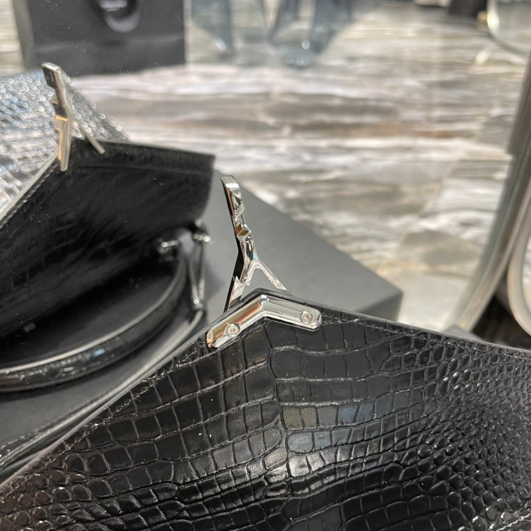 Saint Laurent Cassandra Medium Top Handle Bag in Crocodile-Embossed Leather - Black