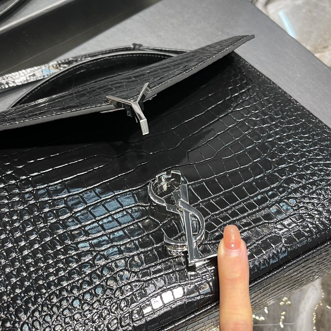 Saint Laurent Cassandra Medium Top Handle Bag in Crocodile-Embossed Leather - Black