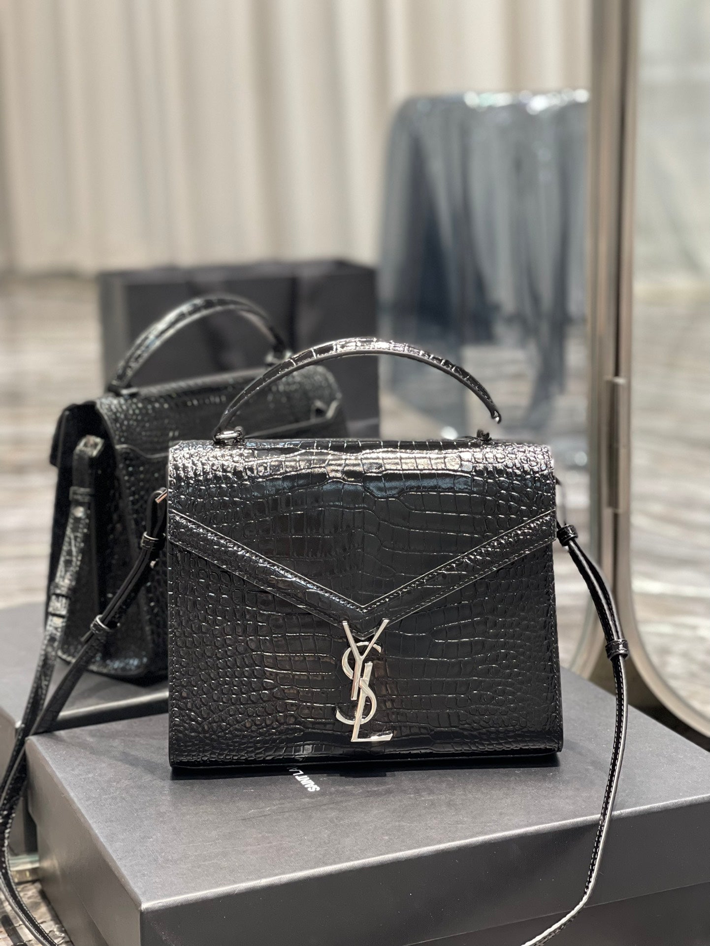 Saint Laurent Cassandra Medium Top Handle Bag in Crocodile-Embossed Leather - Black