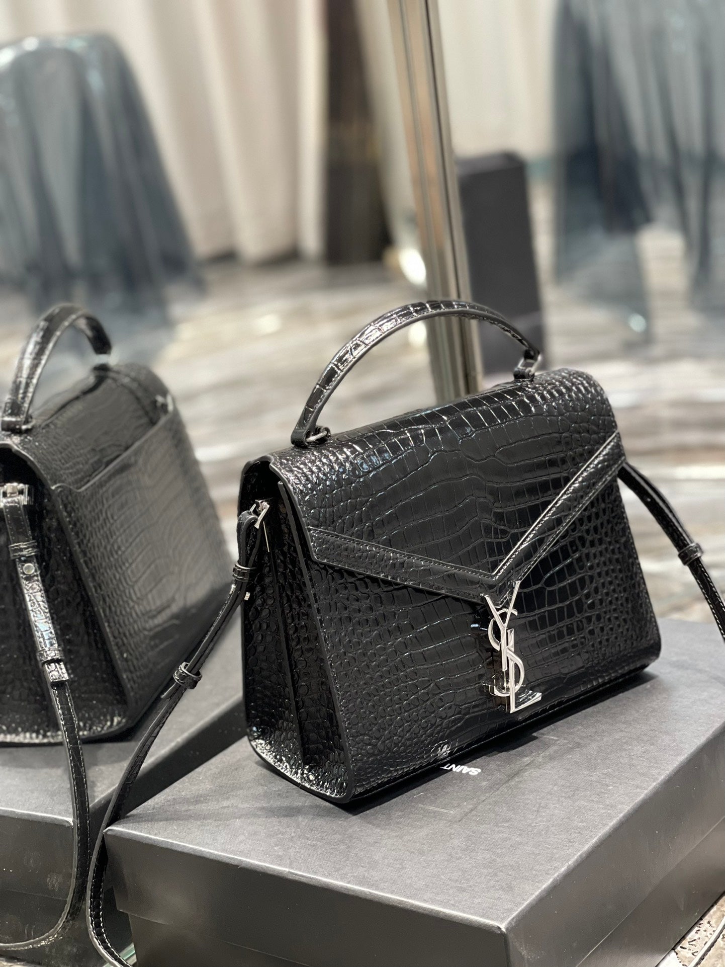 Saint Laurent Cassandra Medium Top Handle Bag in Crocodile-Embossed Leather - Black