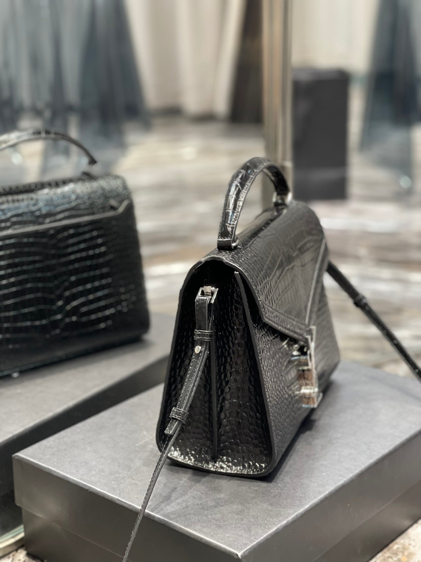 Saint Laurent Cassandra Medium Top Handle Bag in Crocodile-Embossed Leather - Black