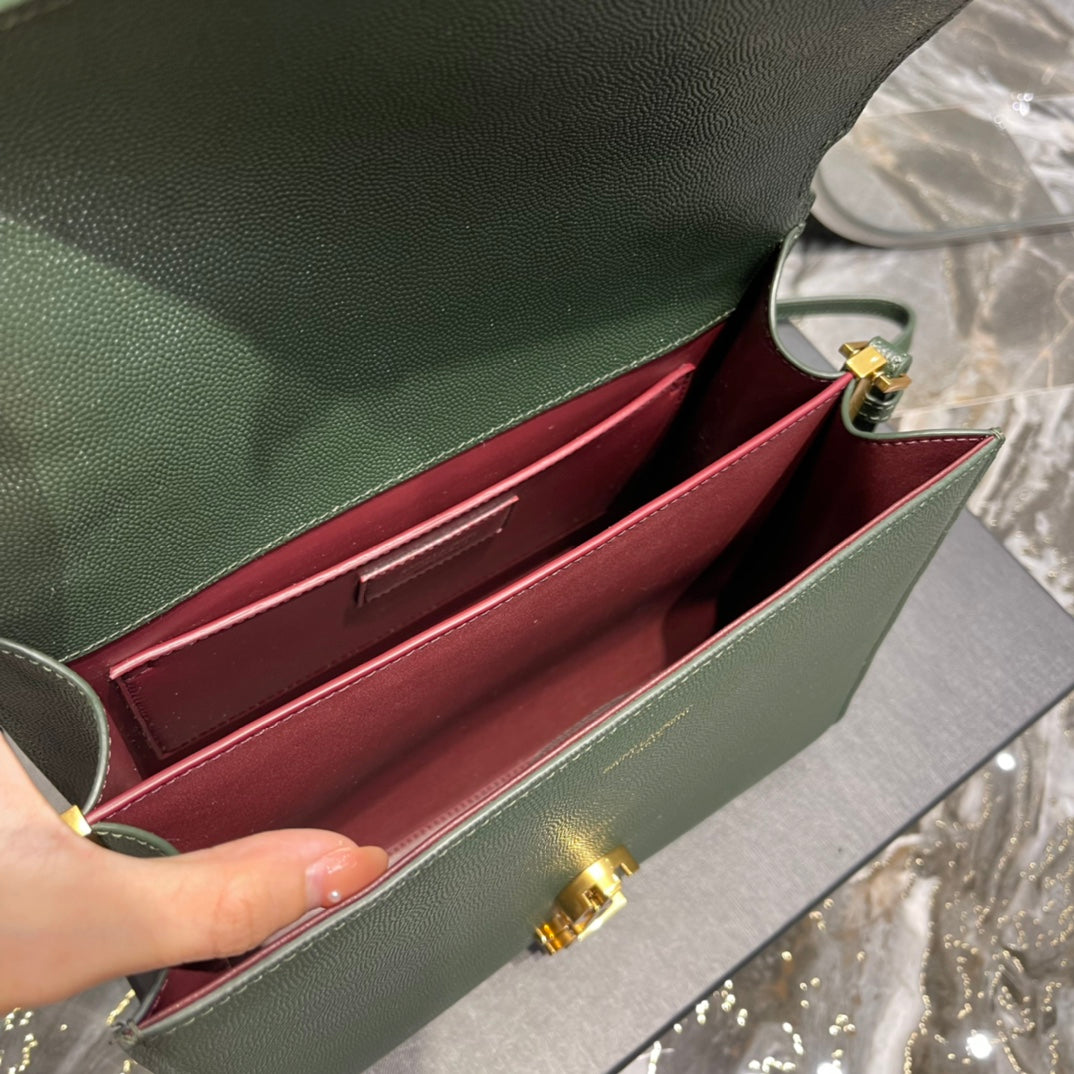 Saint Laurent Cassandra Medium Top Handle Bag in Green Grained Leather