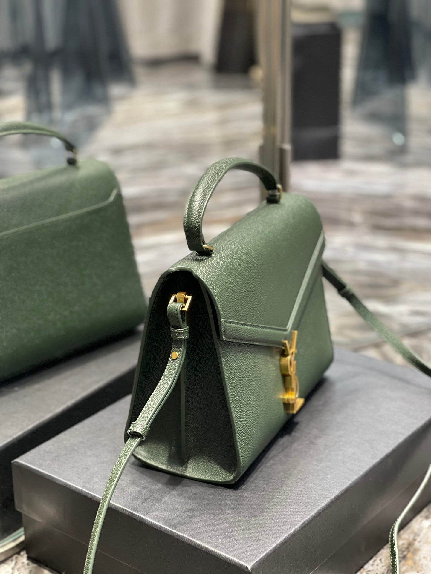 Saint Laurent Cassandra Medium Top Handle Bag in Green Grained Leather