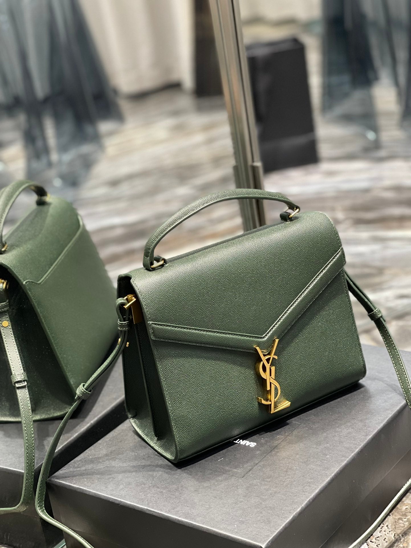 Saint Laurent Cassandra Medium Top Handle Bag in Green Grained Leather