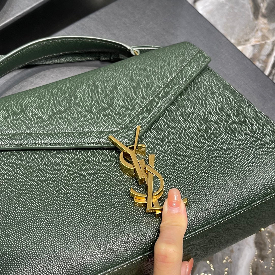 Saint Laurent Cassandra Medium Top Handle Bag in Green Grained Leather