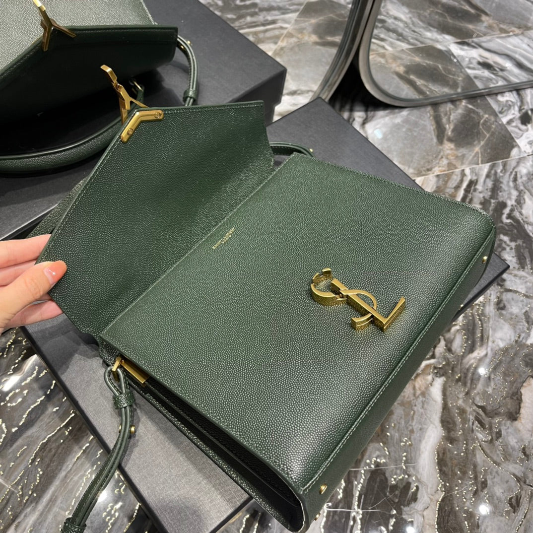 Saint Laurent Cassandra Medium Top Handle Bag in Green Grained Leather