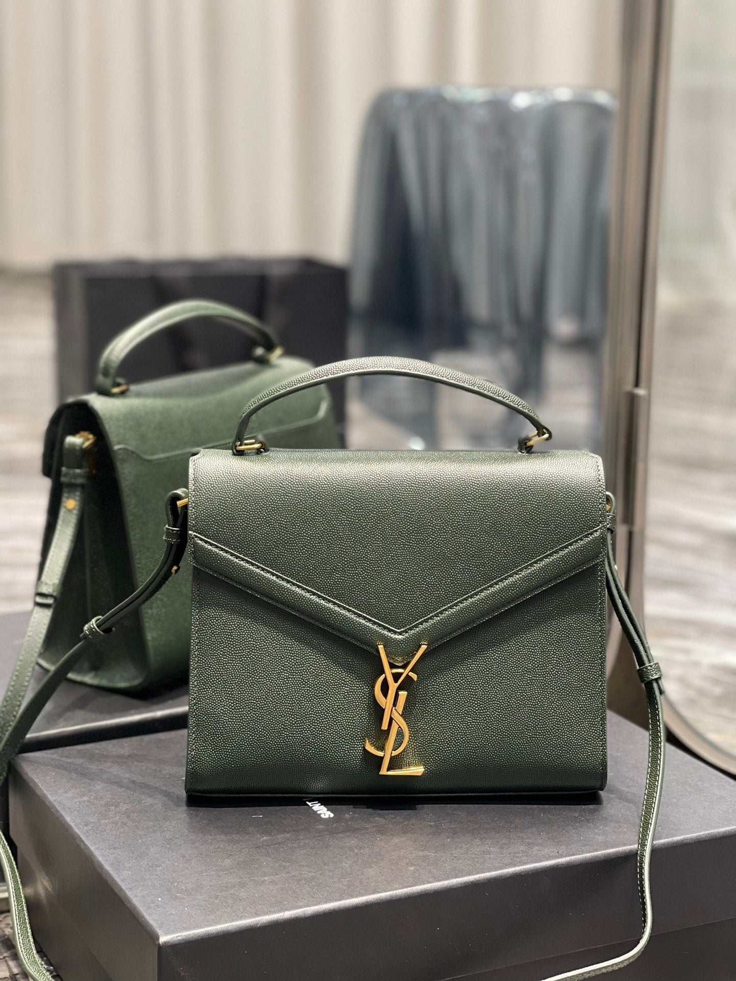 Saint Laurent Cassandra Medium Top Handle Bag in Green Grained Leather