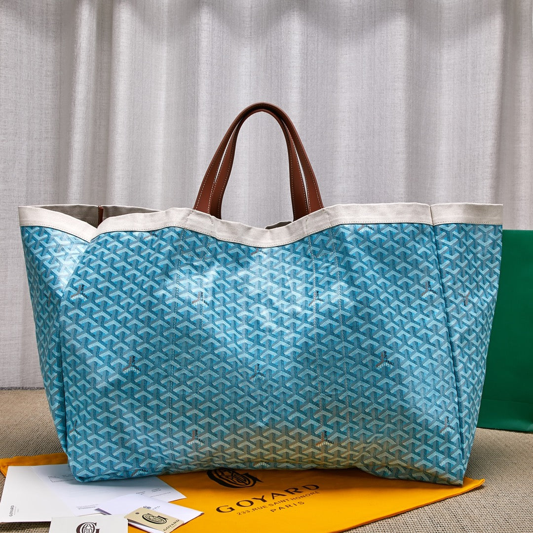 Gogy Large Canvas Shoulder Tote Bag with Leather Trim and Blue Accent Stripes