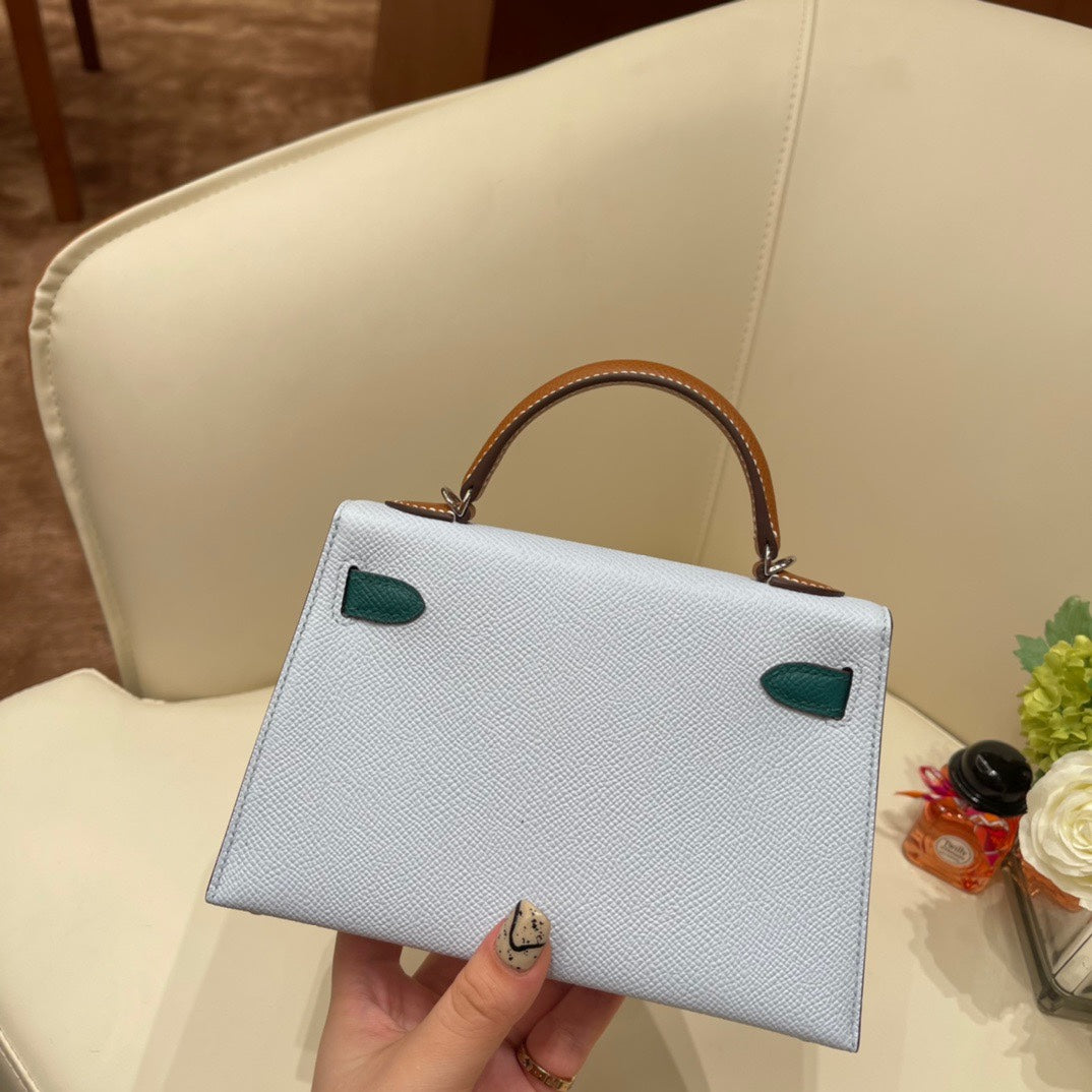 Elegant Color-Block Leather Top Handle Handbag - Pale Blue and Tan