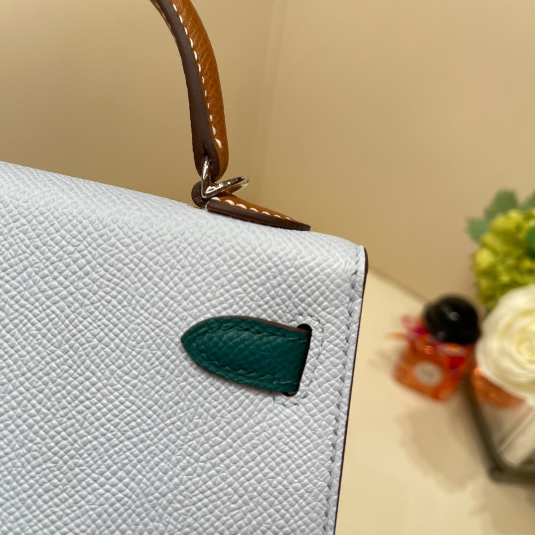 Elegant Color-Block Leather Top Handle Handbag - Pale Blue and Tan