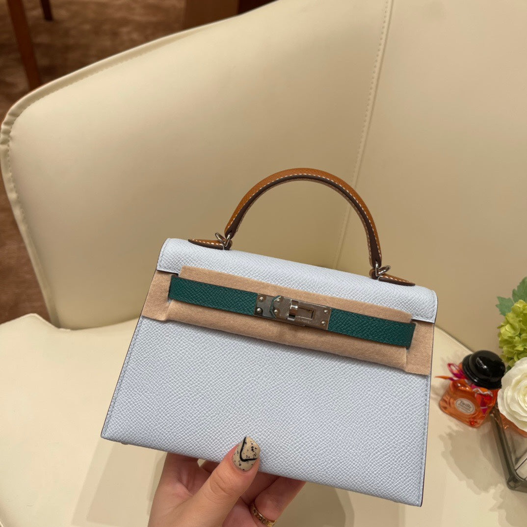 Elegant Color-Block Leather Top Handle Handbag - Pale Blue and Tan