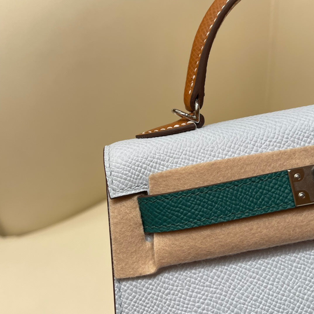 Elegant Color-Block Leather Top Handle Handbag - Pale Blue and Tan