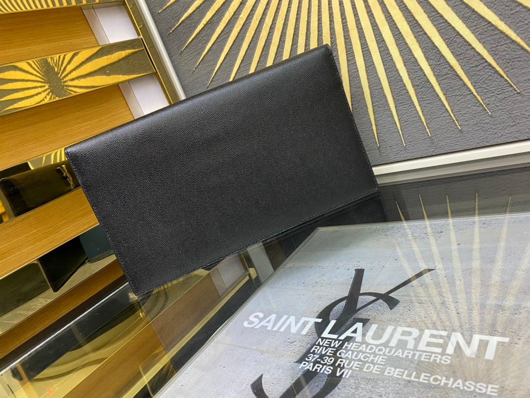 Saint Laurent Cassandre Black Leather Envelope Clutch Bag with Silver Hardware