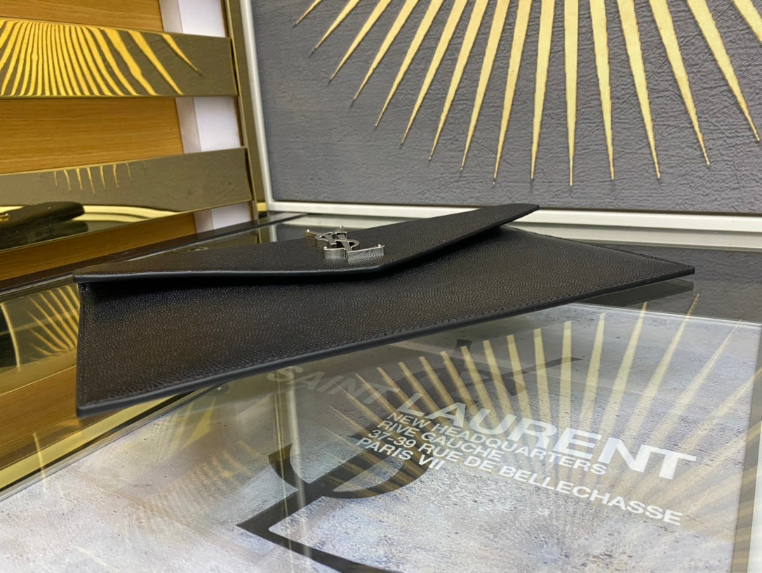 Saint Laurent Cassandre Black Leather Envelope Clutch Bag with Silver Hardware