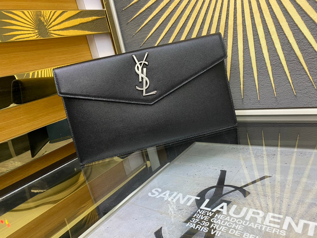 Saint Laurent Cassandre Black Leather Envelope Clutch Bag with Silver Hardware