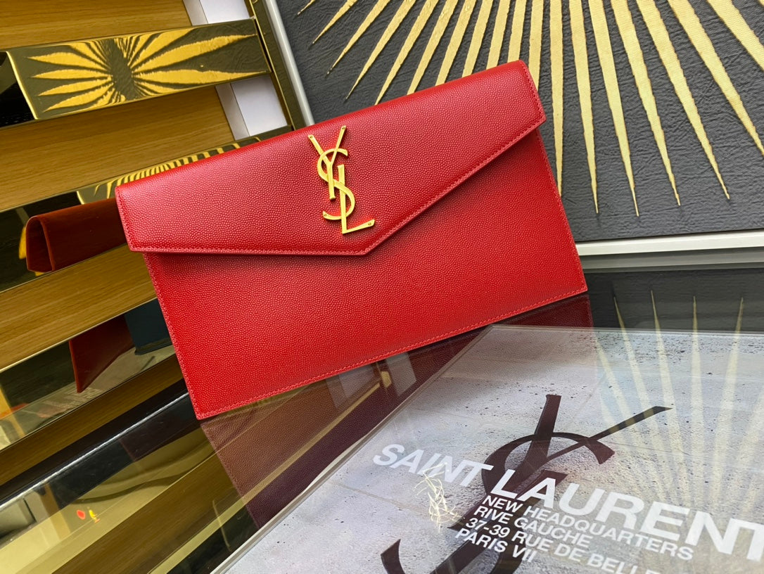 Saint Laurent Monogram Leather Envelope Clutch - Red