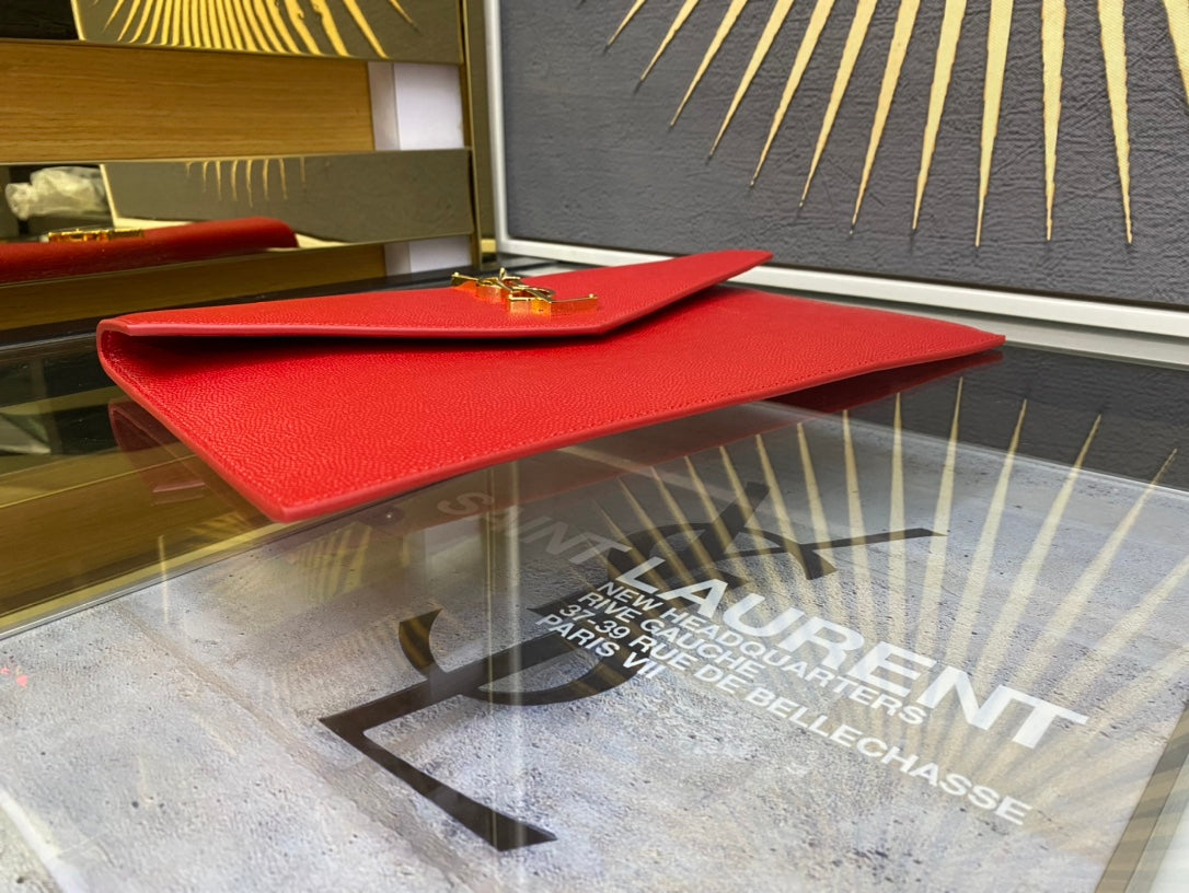 Saint Laurent Monogram Leather Envelope Clutch - Red