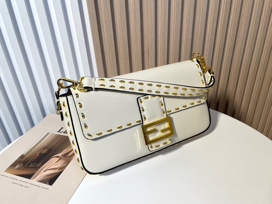 Luxury White Leather Shoulder Bag with Contrast Stitching and Gold Accents