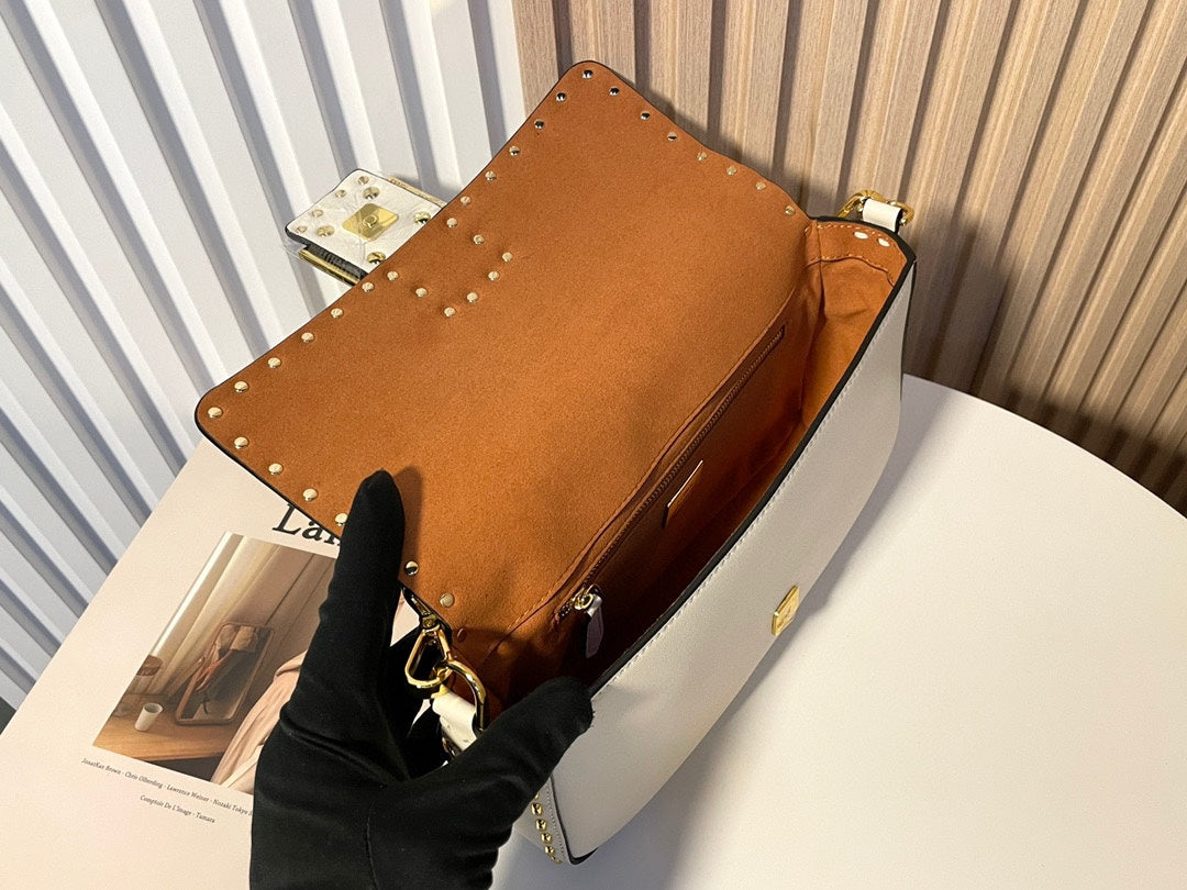 Luxury White Leather Shoulder Bag with Contrast Stitching and Gold Accents