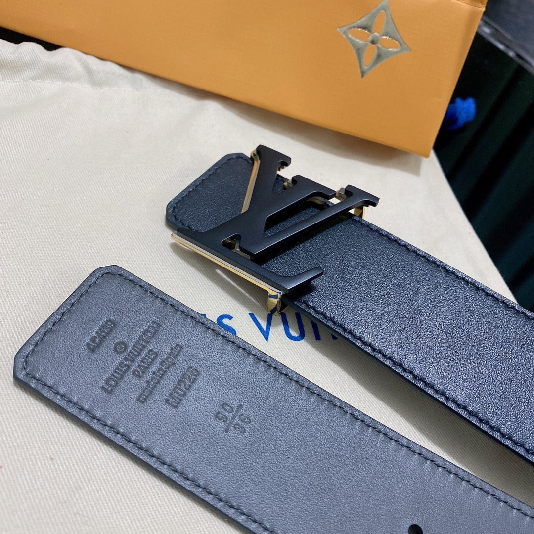 Louis Vuitton LV Initiales Black Leather Belt with Silver-Tone Buckle, Includes Dust Bag and Shopping Bag