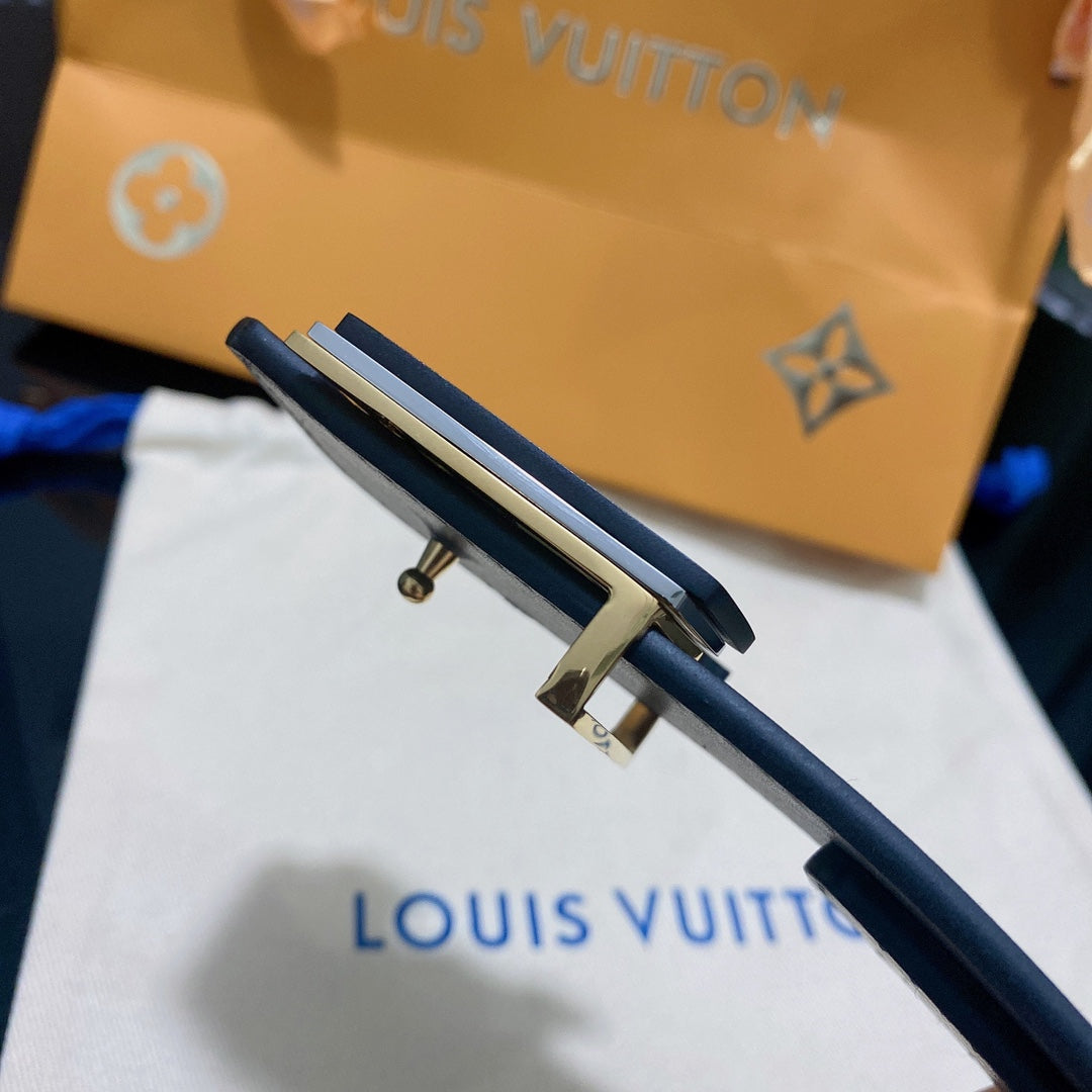Louis Vuitton LV Initiales Black Leather Belt with Silver-Tone Buckle, Includes Dust Bag and Shopping Bag