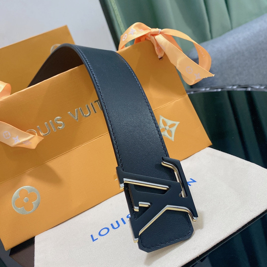 Louis Vuitton LV Initiales Black Leather Belt with Silver-Tone Buckle, Includes Dust Bag and Shopping Bag