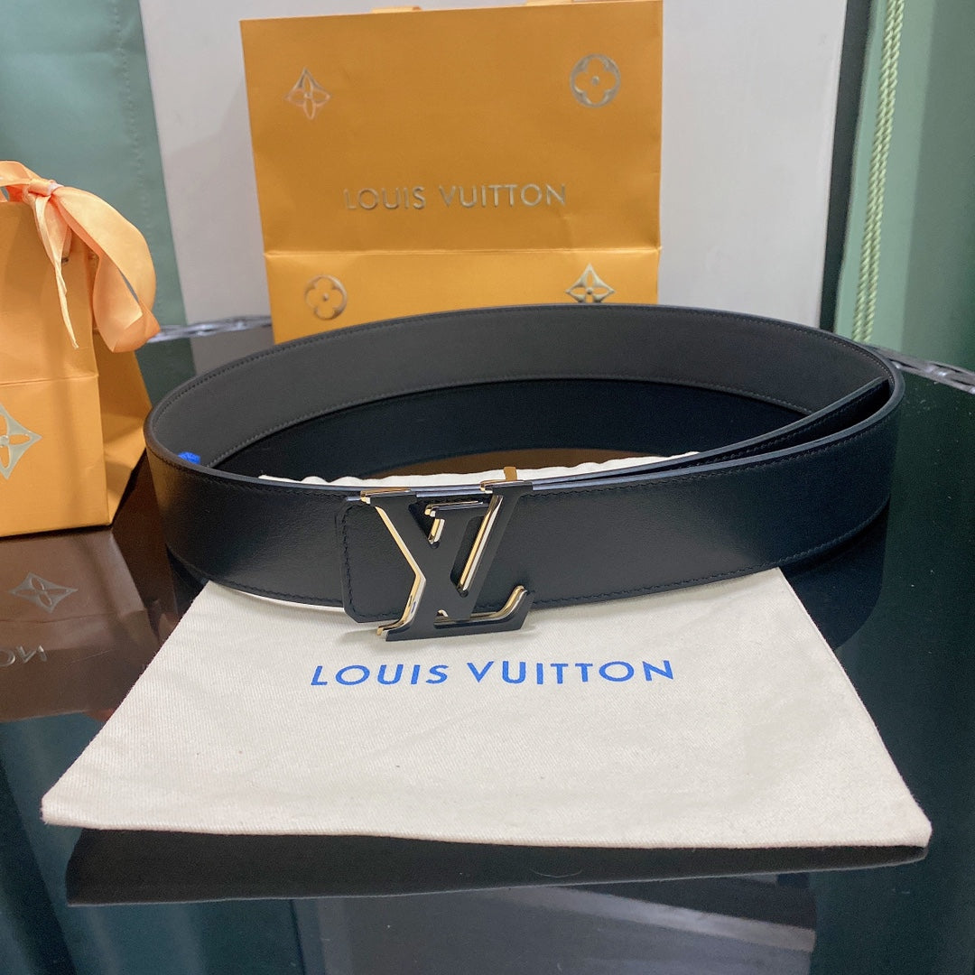 Louis Vuitton LV Initiales Black Leather Belt with Silver-Tone Buckle, Includes Dust Bag and Shopping Bag