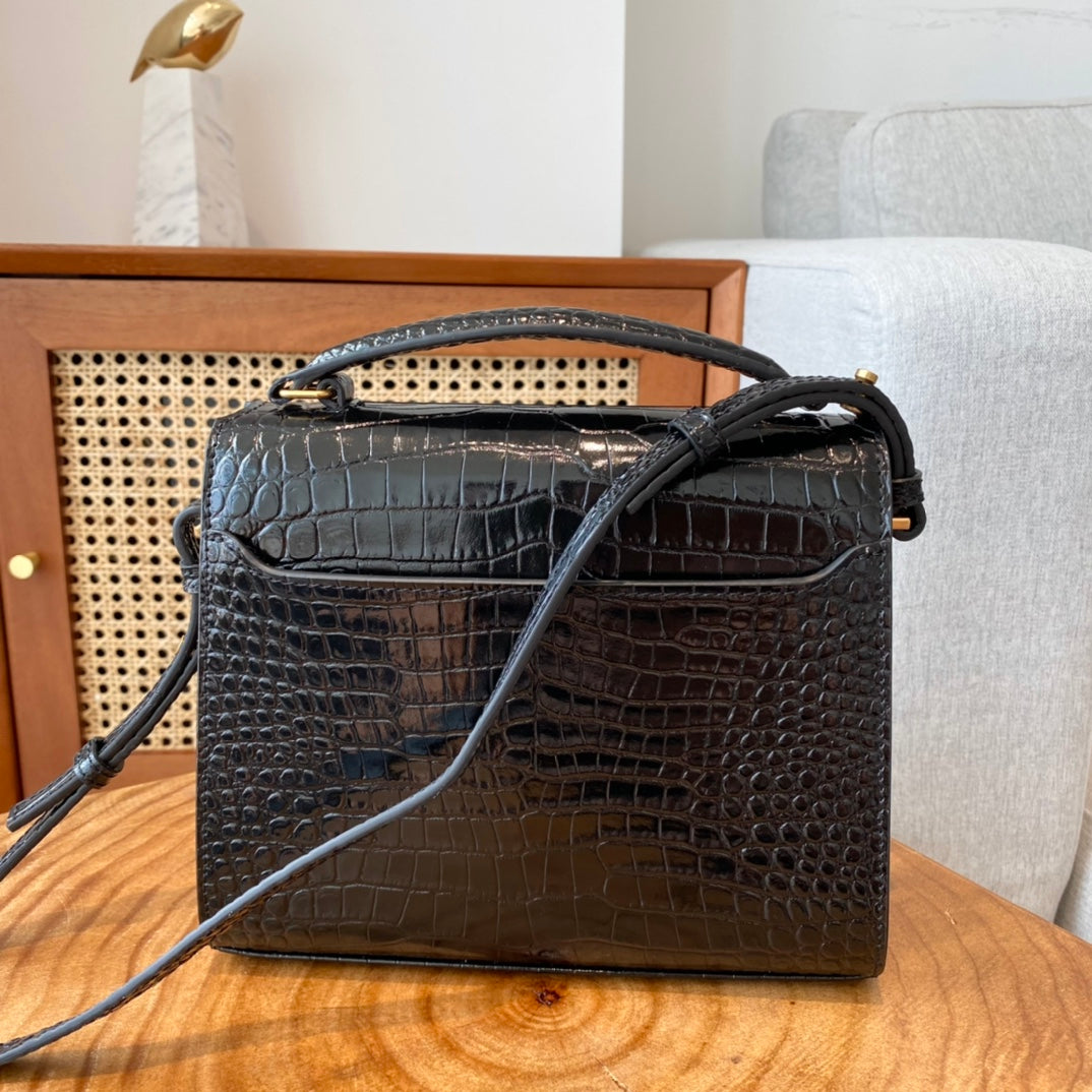 Saint Laurent Cassandra Top Handle Bag in Black Crocodile-Embossed Leather