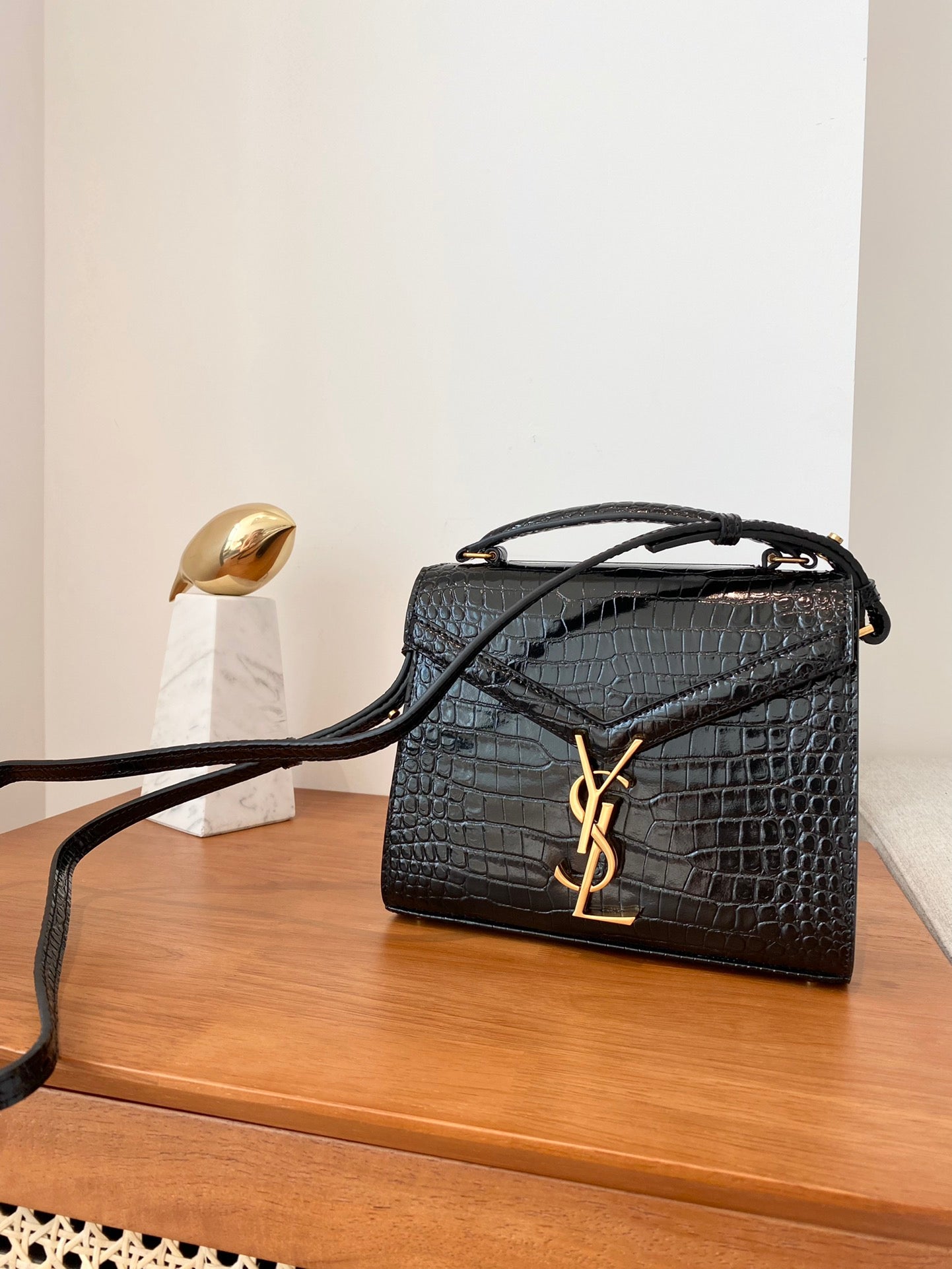 Saint Laurent Cassandra Top Handle Bag in Black Crocodile-Embossed Leather