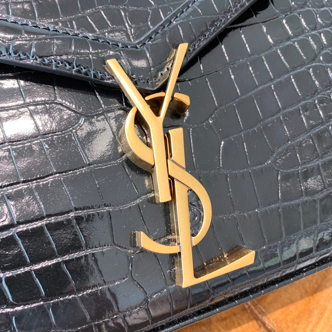 Saint Laurent Cassandra Top Handle Bag in Black Crocodile-Embossed Leather