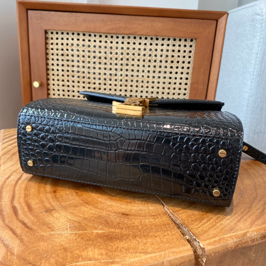 Saint Laurent Cassandra Top Handle Bag in Black Crocodile-Embossed Leather