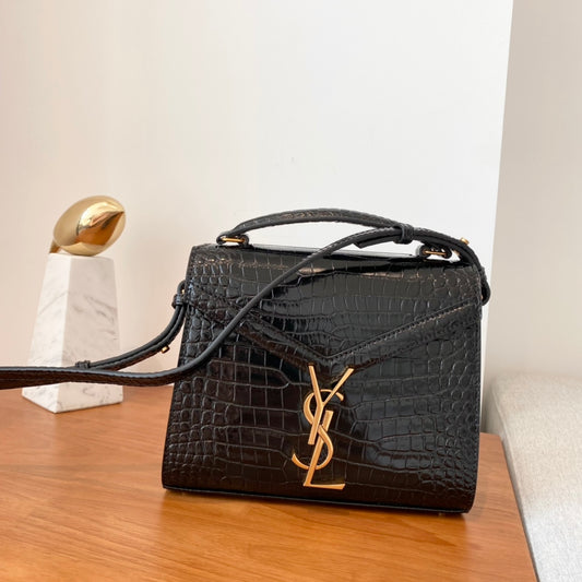 Saint Laurent Cassandra Top Handle Bag in Black Crocodile-Embossed Leather